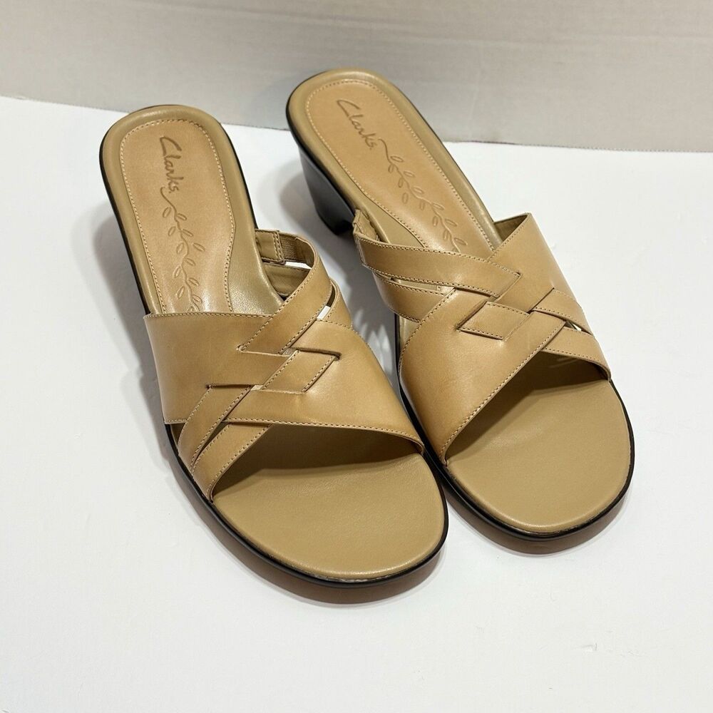 Clarks Brynn Step Tan Brown Leather Slides Sandals Shoes Size 9M 75583